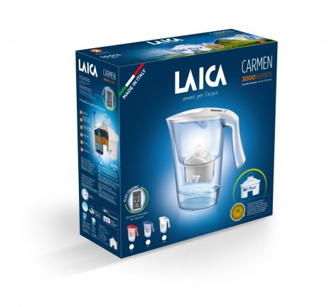 LAICA CARMEN High-tech fehér vízszűrő kancsó elektronikus kijelzővel és 1 db bi-flux univerzális szűrőbetéttel
