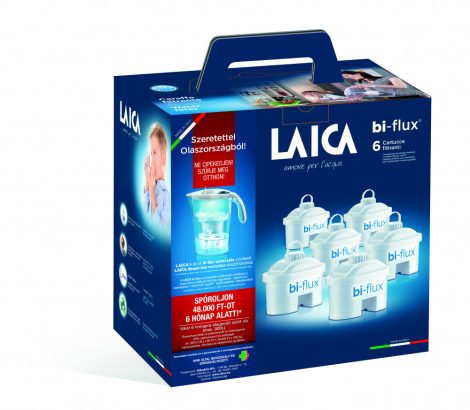 LAICA 6 db-os bi-flux univerzális szűrőbetét LAICA STREAM LINE fehér mechanikus vízszűrő kancsóval, ajándékszett