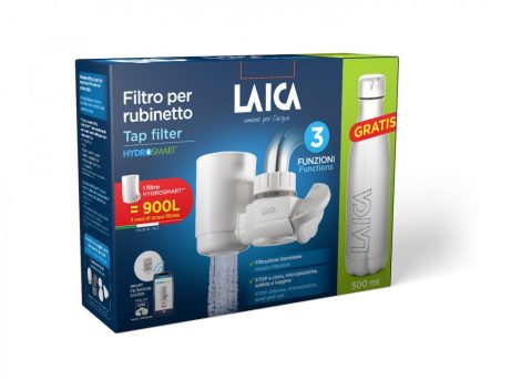 LAICA Venezia HYDROSMART rendszerű csapra szerelhető mikroplasztik-stop vízszűrő + ajándék LAICA fém palack 0,5 liter 